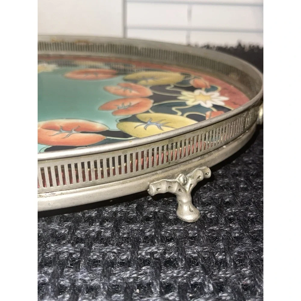 Vintage Gesetzlich‎ geschutzt Tray With Floral Porcelain/Enamel & Metal Frame